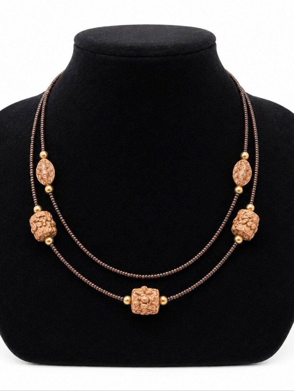 Vintage Double Strand Brown Seed Bead Necklace Gold Tone Accent Beads Adjustable